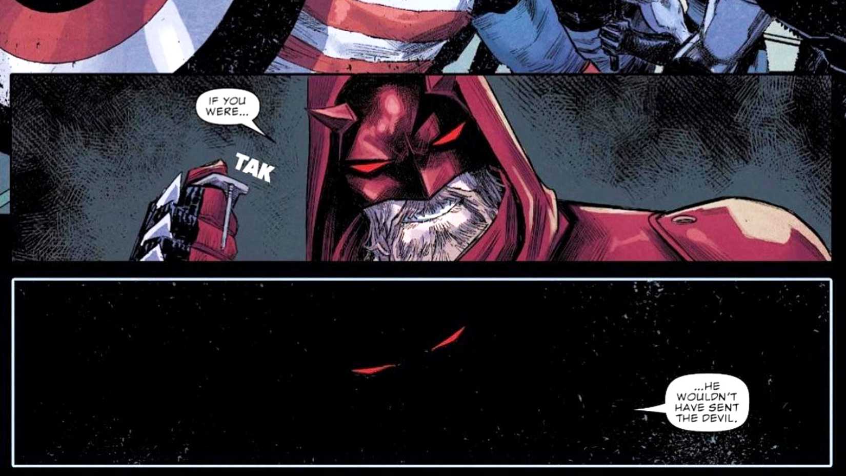 Daredevil compares himself to the devil in response to US Agent and turns off the lights