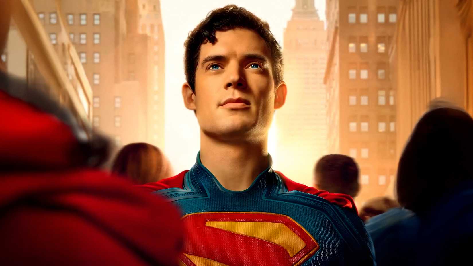 David Corenswet's Kal El looks up in a Metropolis street in James Gunn's Superman