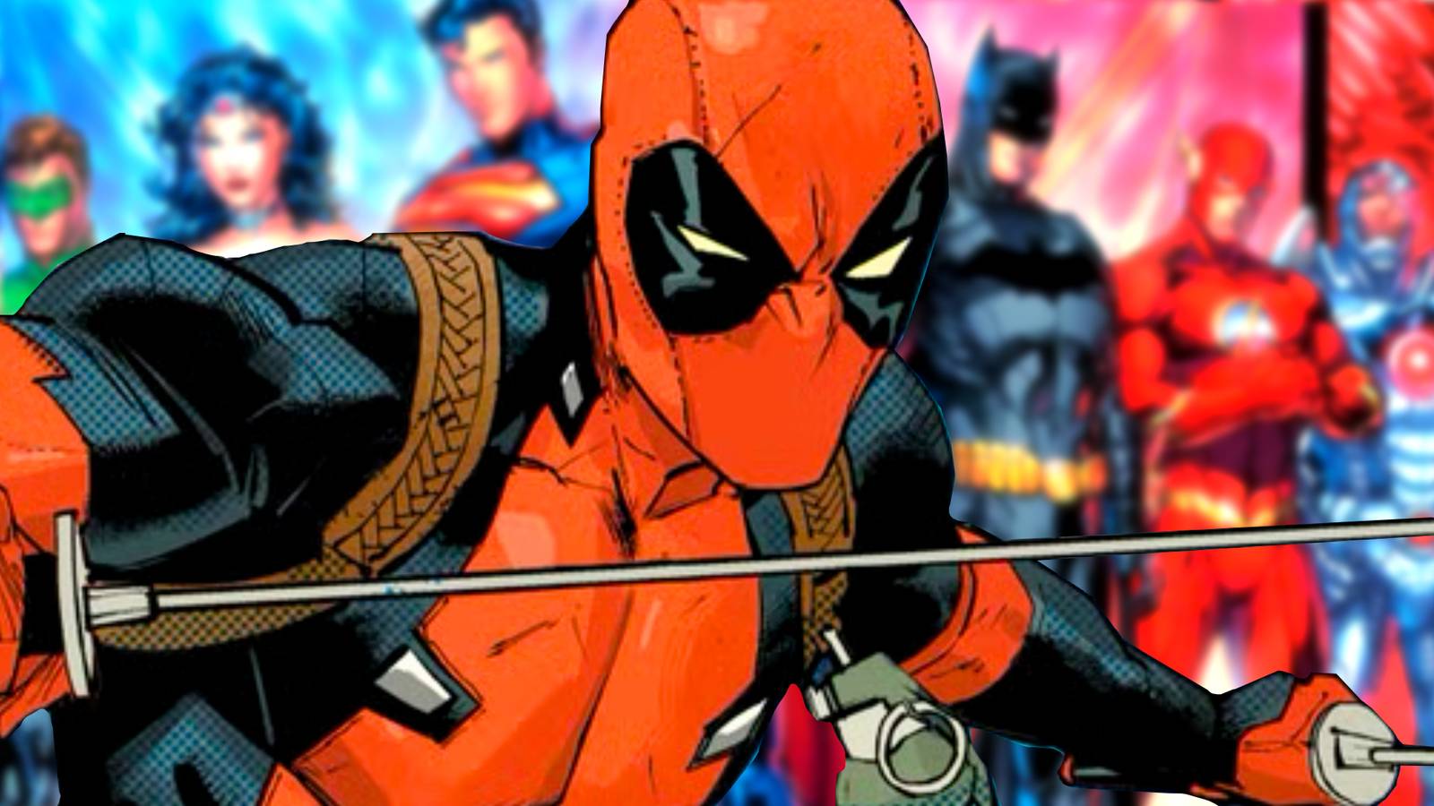 Deadpool With Justice League in Background DC Comics