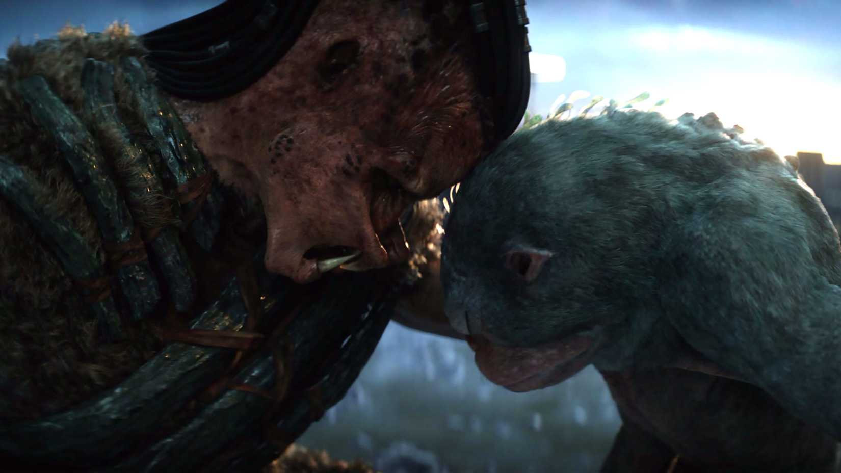 Deku and Bado hugging each other's heads in Predator: Badlands