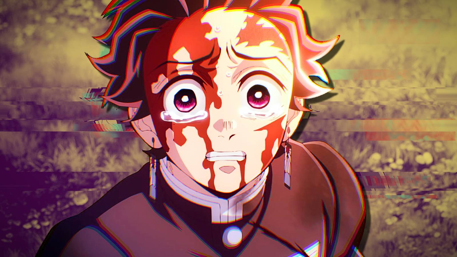 Demon Slayer's Tanjiro has his face covered in blood as he cries.