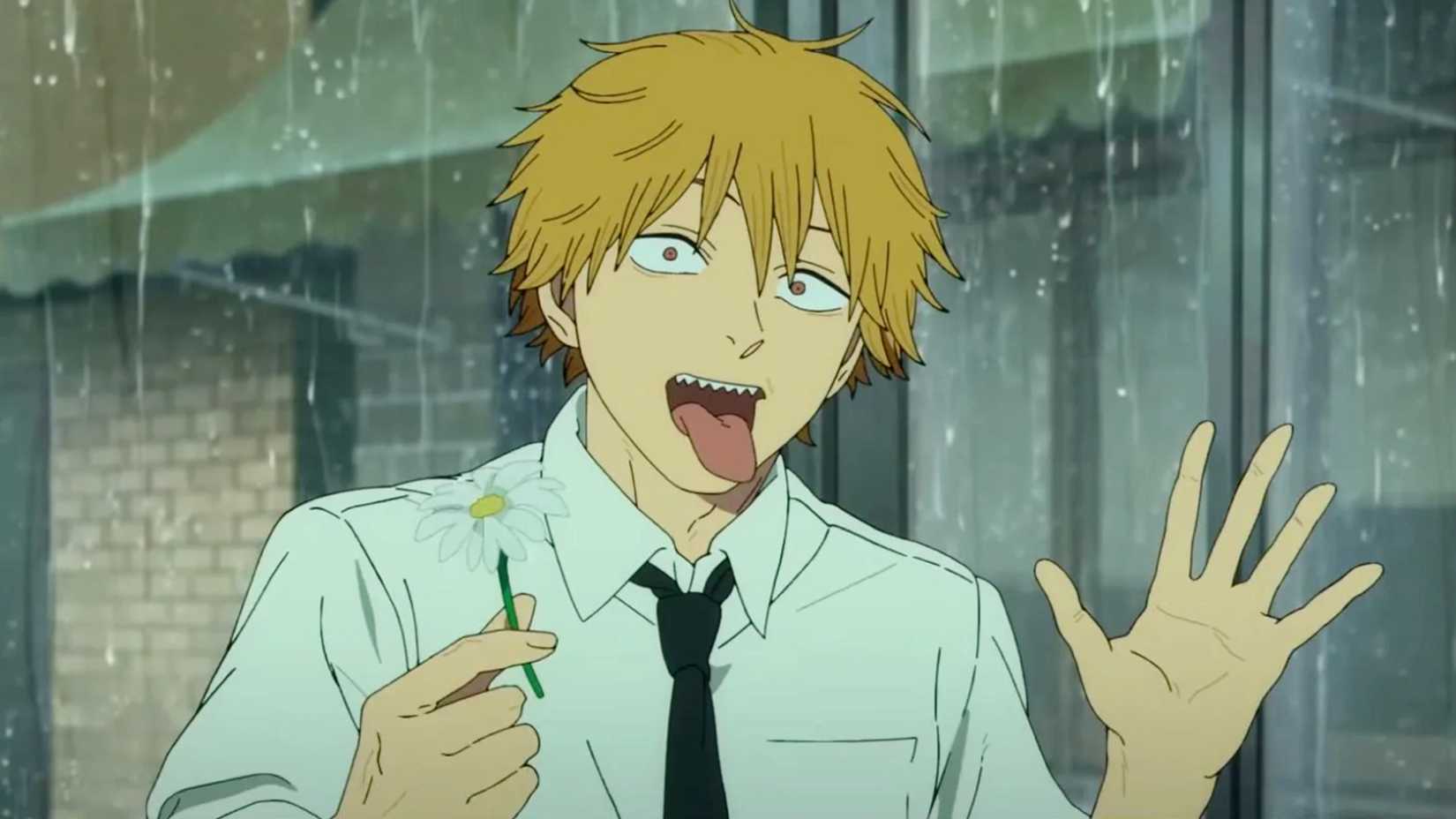 Denji holding a flower and sticking his tongue out in Chainsaw Man – The Movie: Reze Arc.