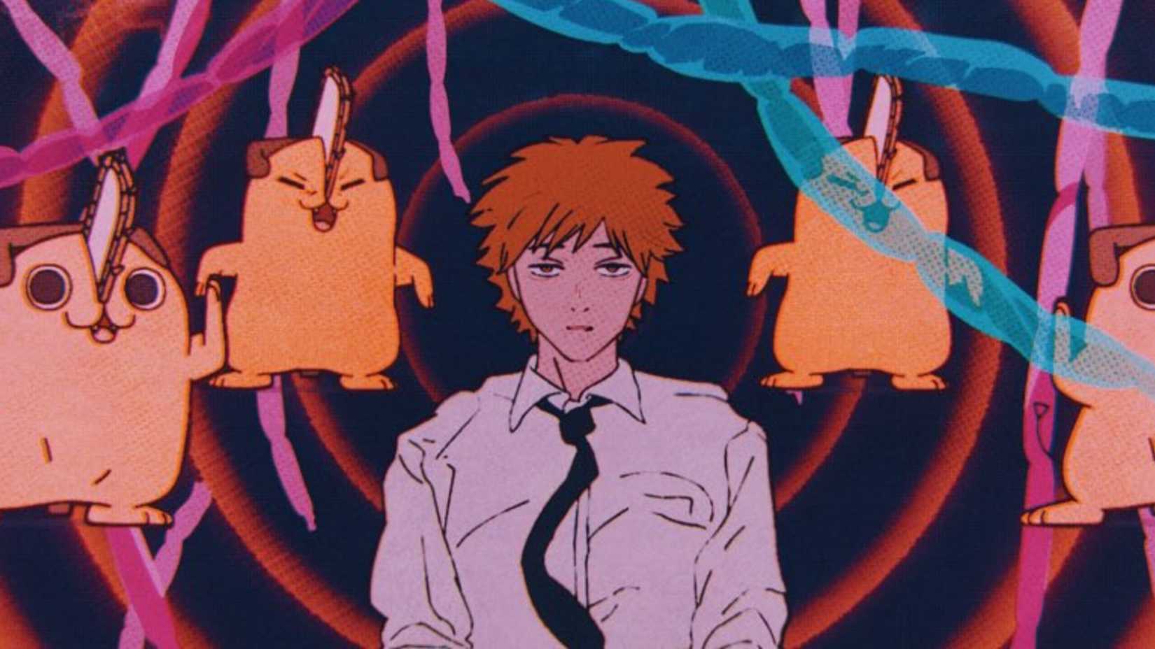 Denji appearing run down while Pochita dances around him in Chainsaw Man – The Movie: Reze Arc.