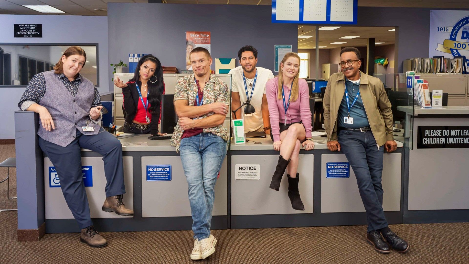 DMV Cast Promotional Photo Featuring Molly Kearney, Gigi Zumbado, Tony Cavalero, Alex Tarrant, Harriet Dyer, and Tim Meadows Posing Together
