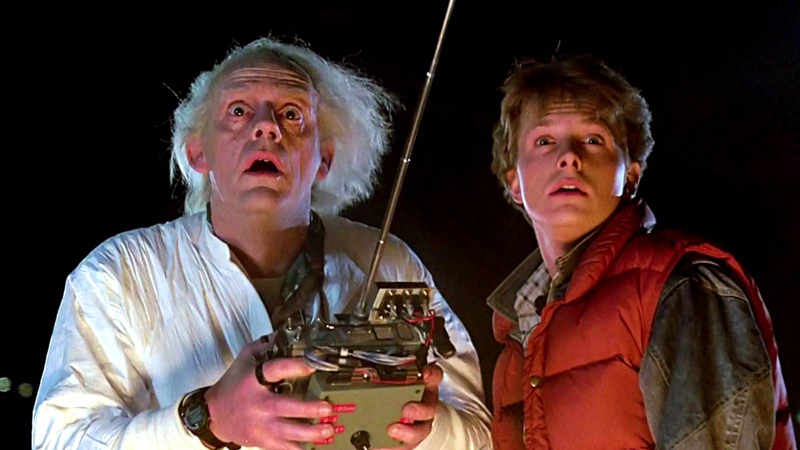 Doc Brown and Marty McFly looking shocked in Back to the Future