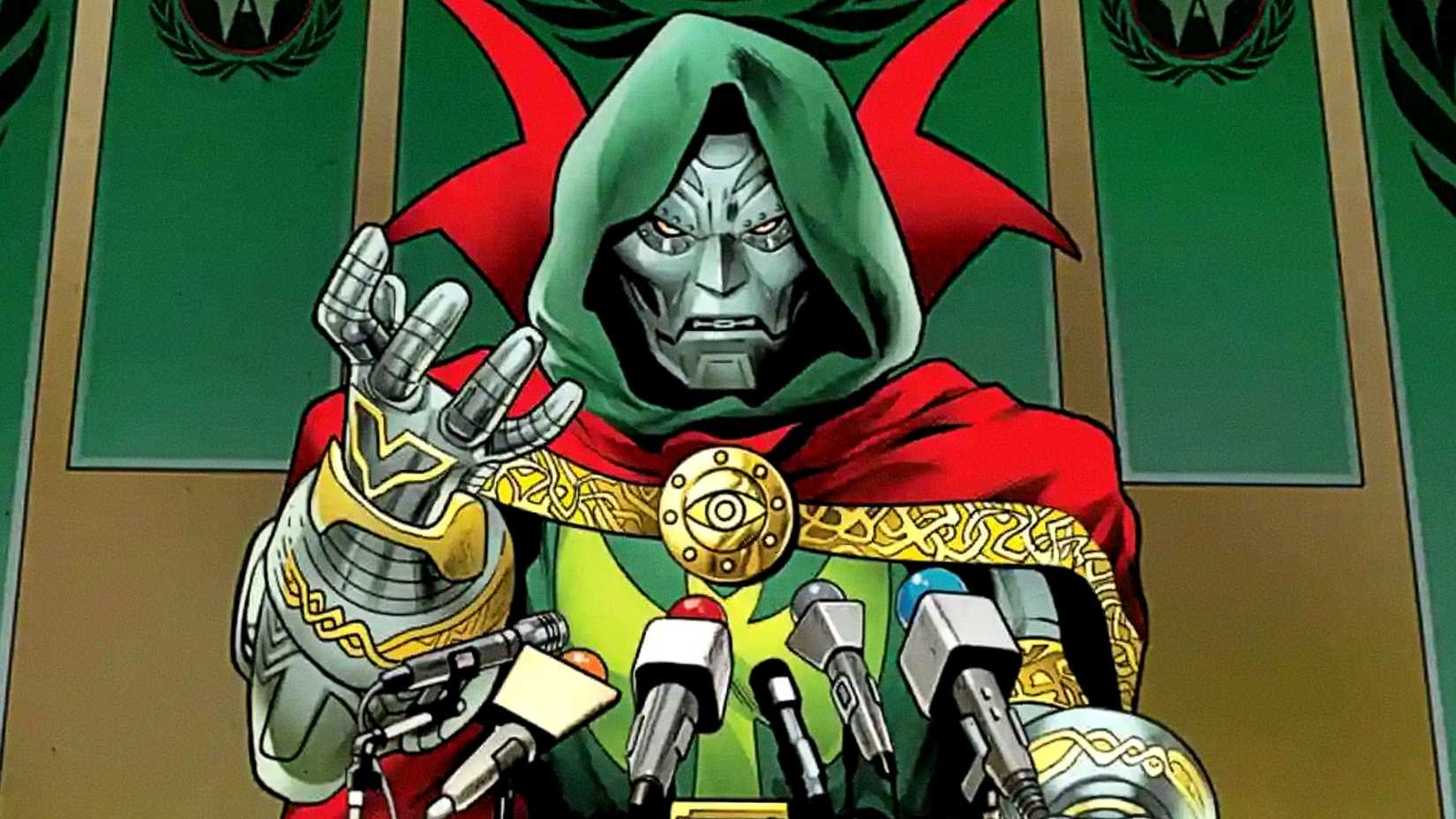 Doctor Doom delivers a speech wearing the Cloak of Levitation in One World Under Doom