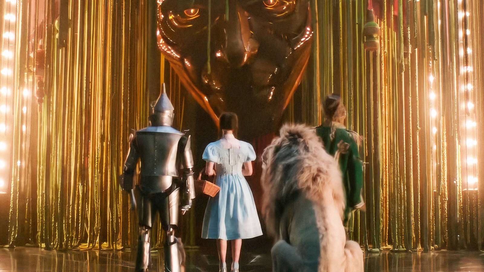 Dorothy and friends standing before the Wizard of Oz