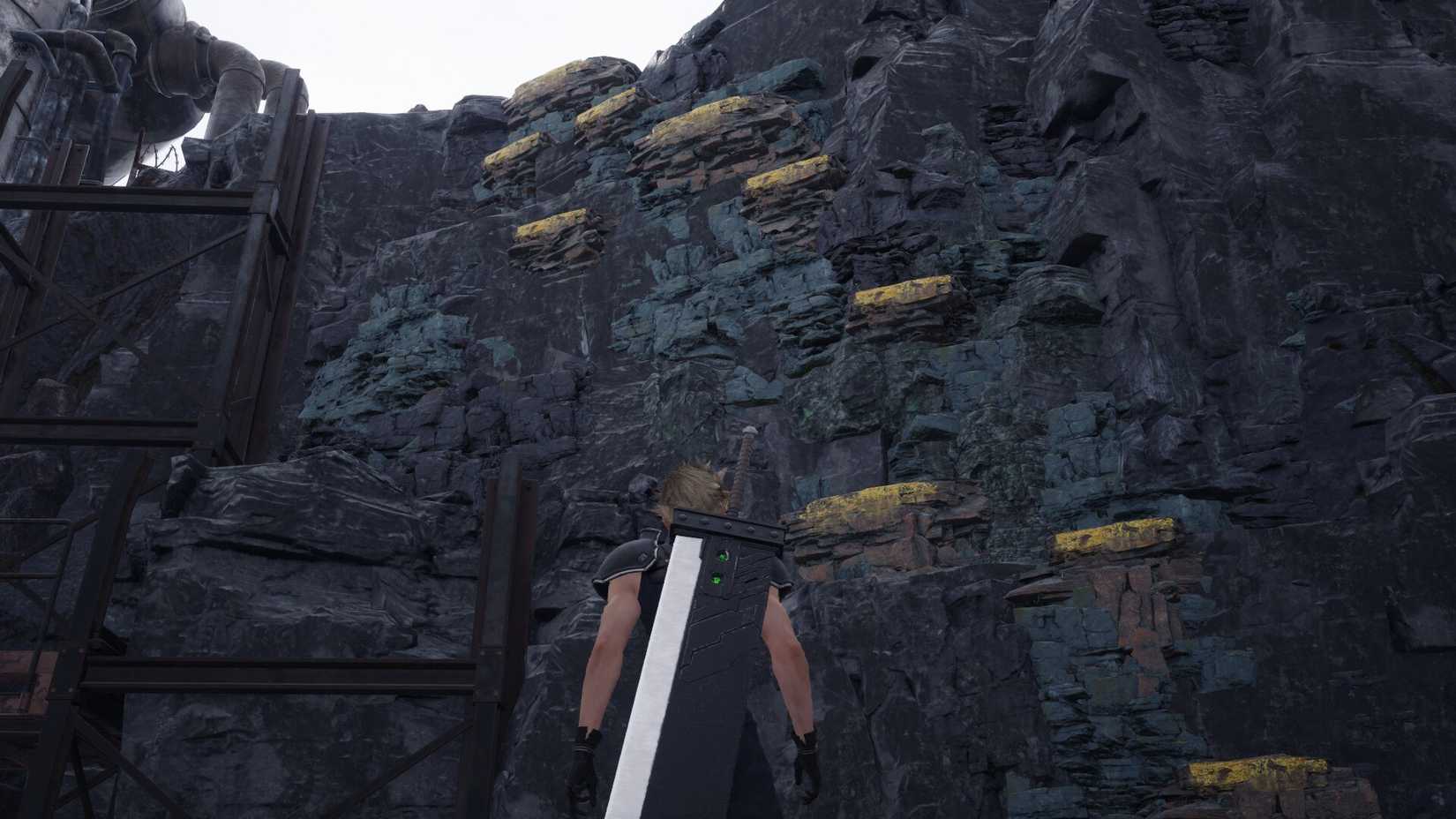 Final Fantasy 7 Rebirth Cloud looking up at yellow paint on cliffside