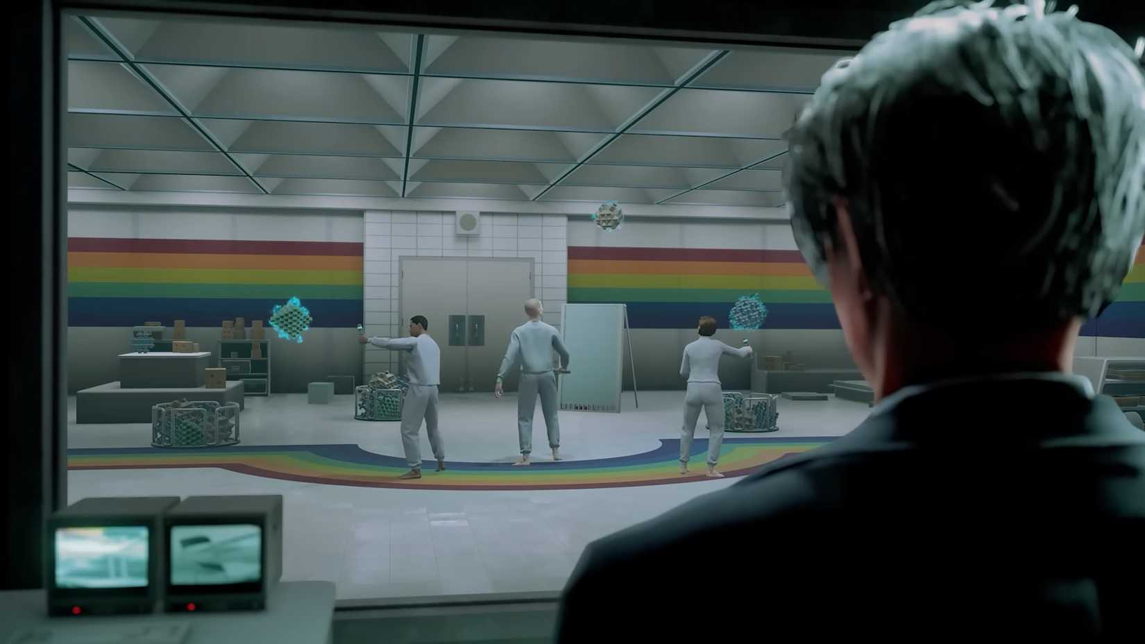 Dr. Brenner watching over a group of subjects testing their powers in Stranger Things: Catalyst