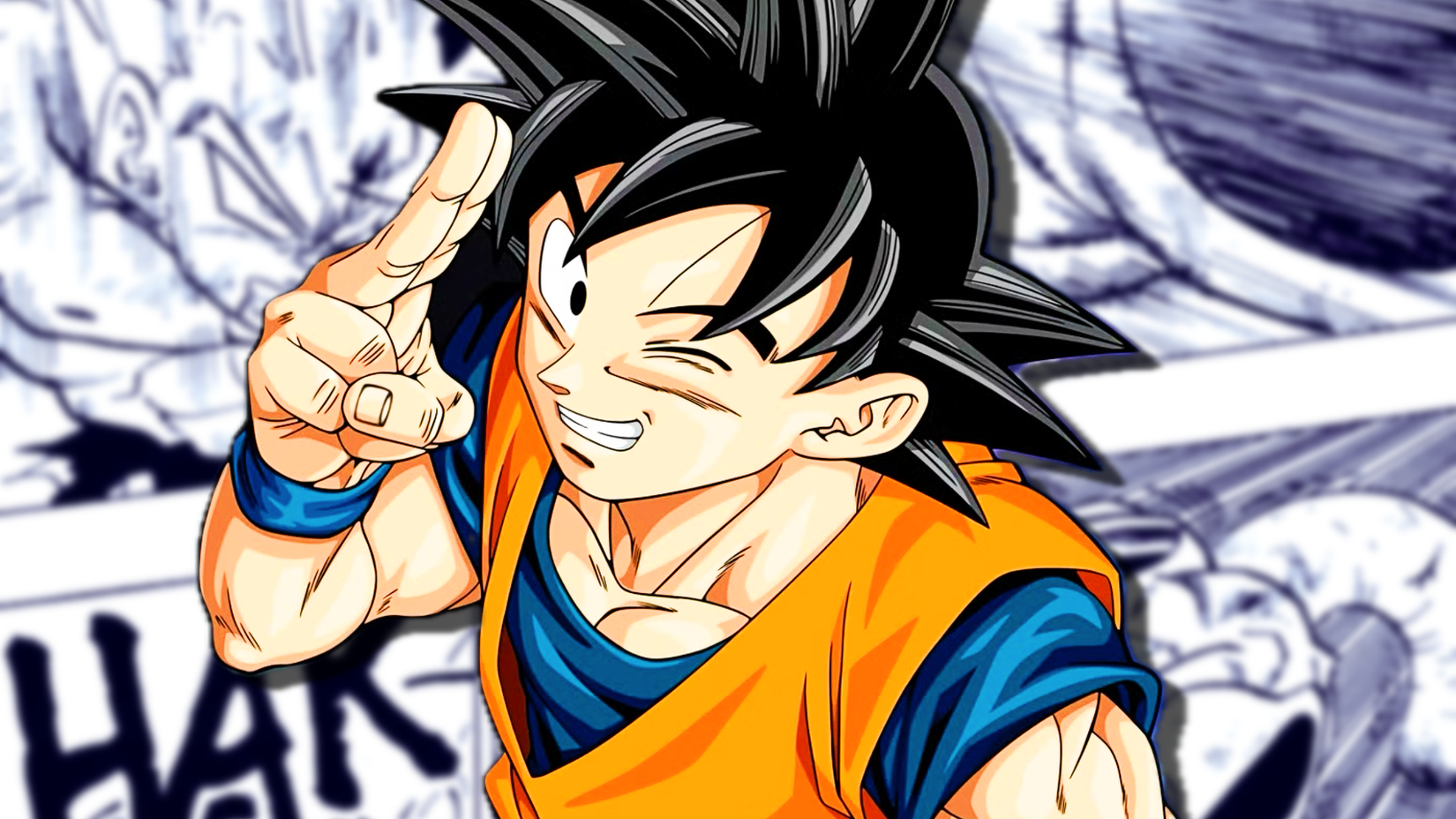 Goku winking while saluting with manga panels in the background.