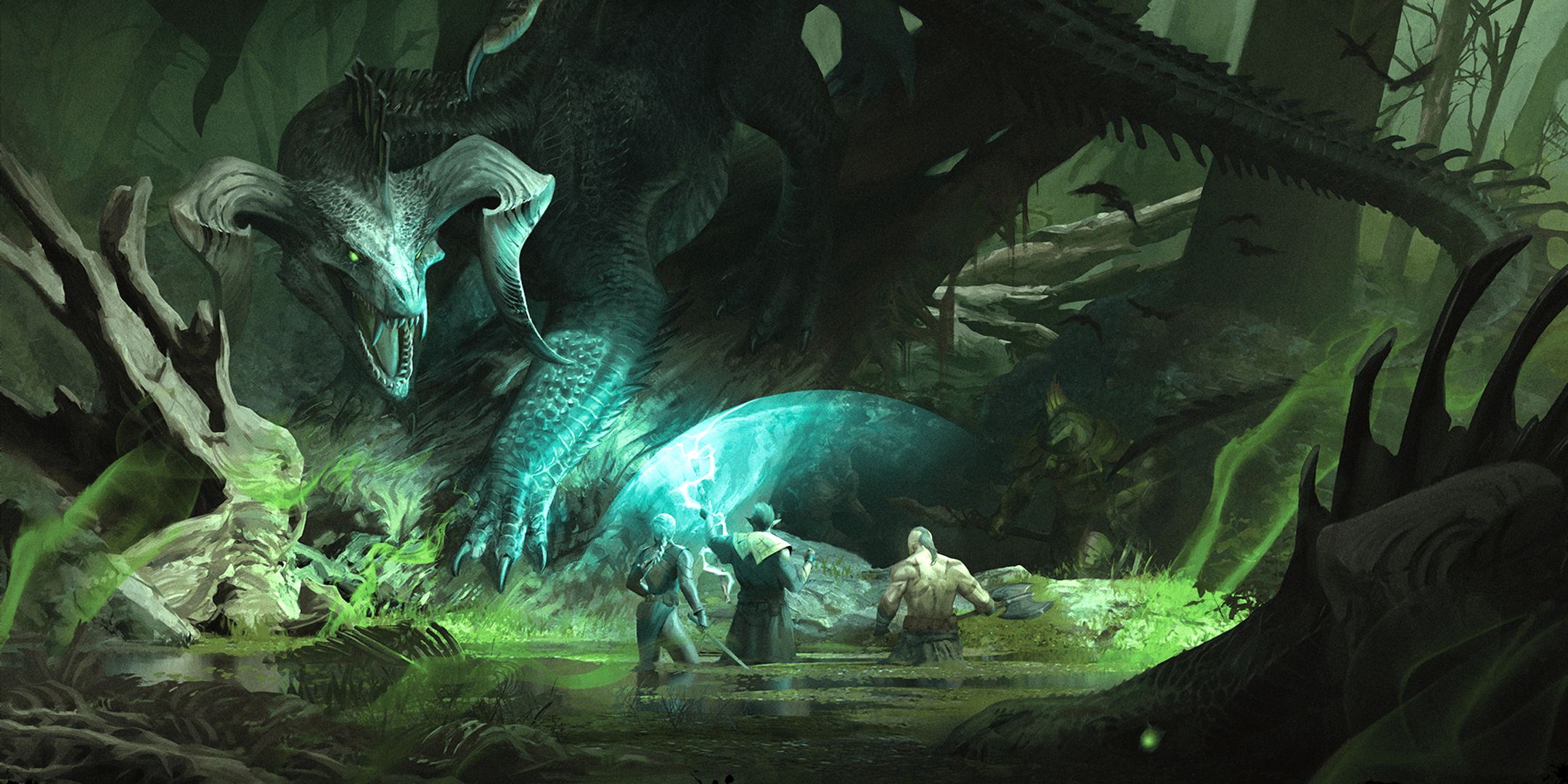 D&D party facing a dragon in Forgotten Realms: Heroes of Faerun art