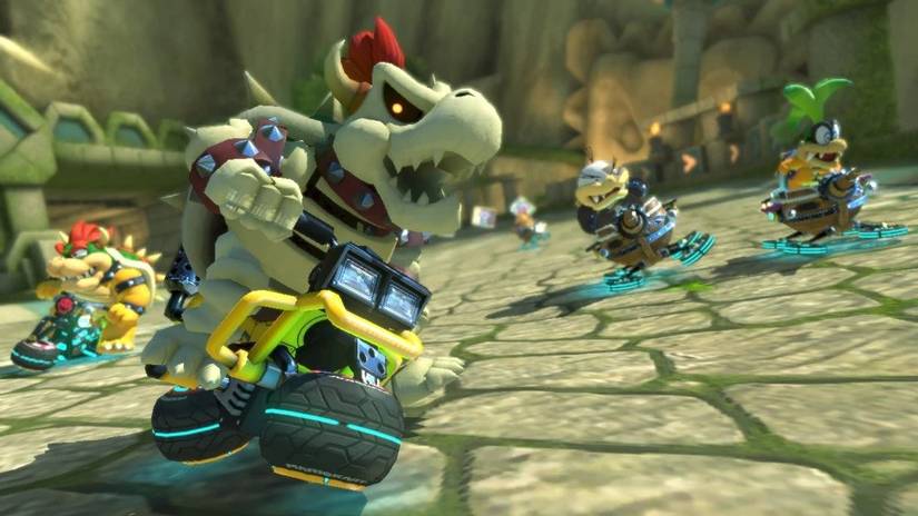 Dry Bowser racing against other Mario characters in Mario Kart 8