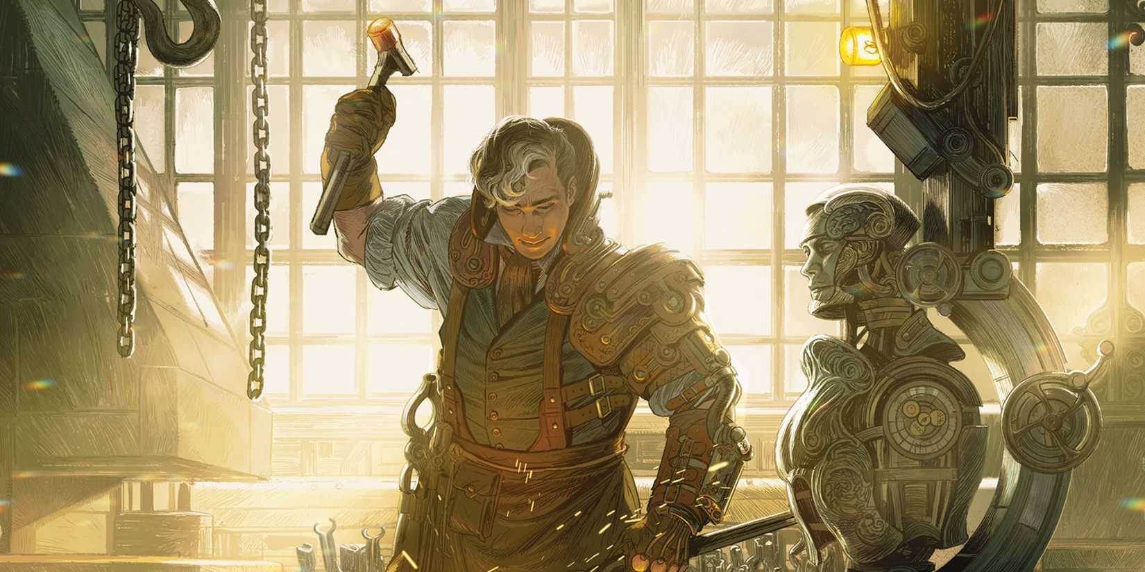 An Artificer raises their forging hammer, as the torso of a Warforged hangs beside them in Dungeons and Dragons.