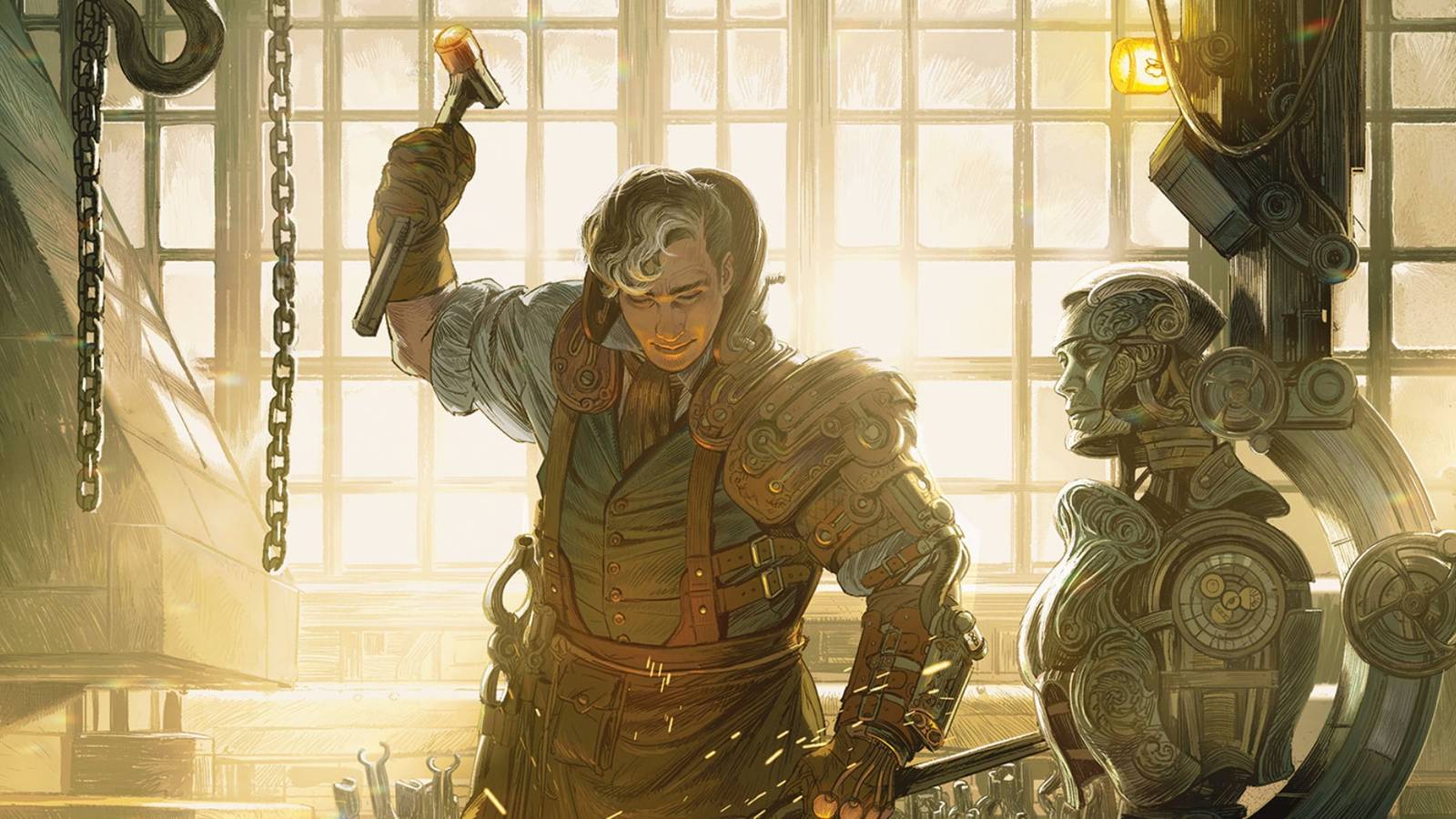 An Artificer raises their forging hammer, as the torso of a Warforged hangs beside them in Dungeons and Dragons.