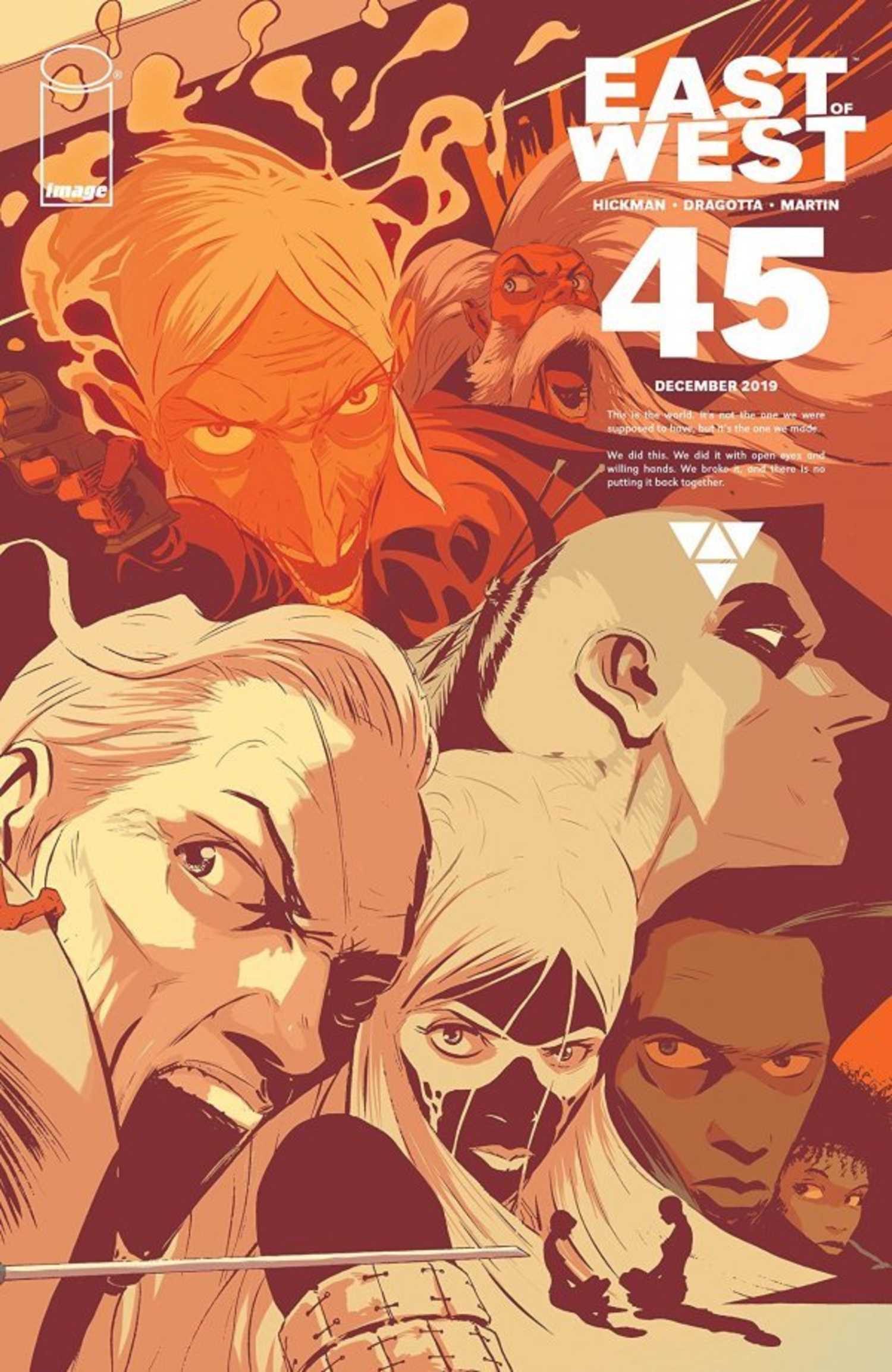 East of West #45 cover, a collage of characters' faces