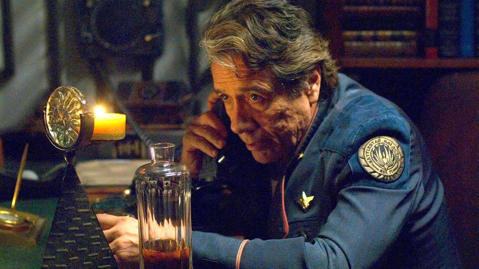 Edward James Olmos as Adama on the phone in Battlestar Galactica