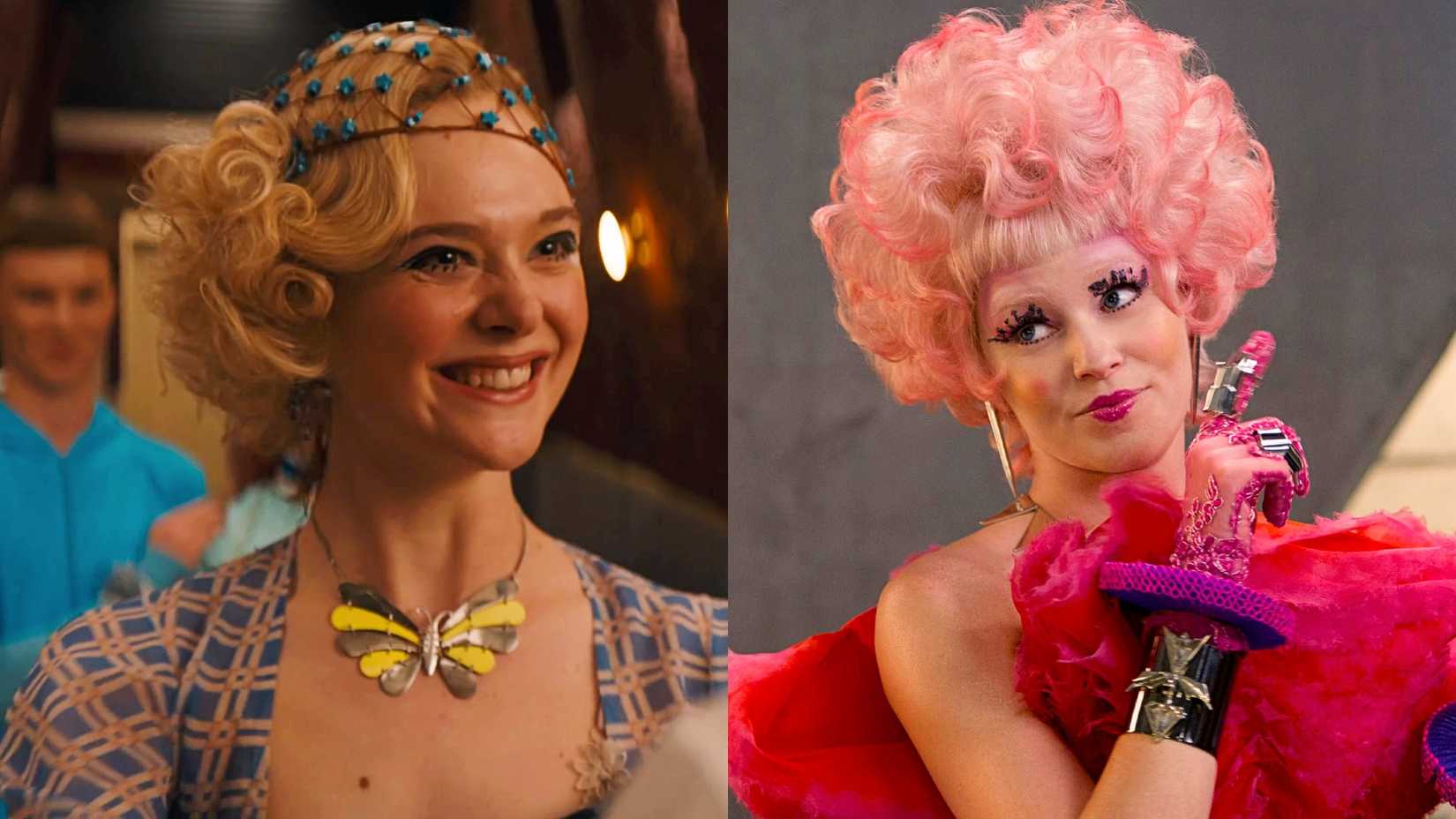 Elle Fanning em Sunrise on the Reaping e Elizabeth Banks como Effie em Jogos Vorazes