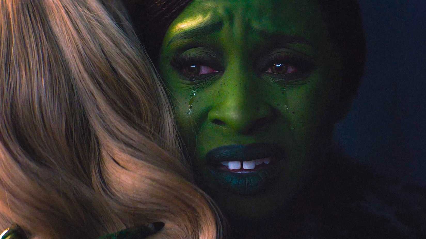 Elphaba (Cynthia Erivo) crying as she hugs Glinda (Ariana Grande) in Wicked: For Good