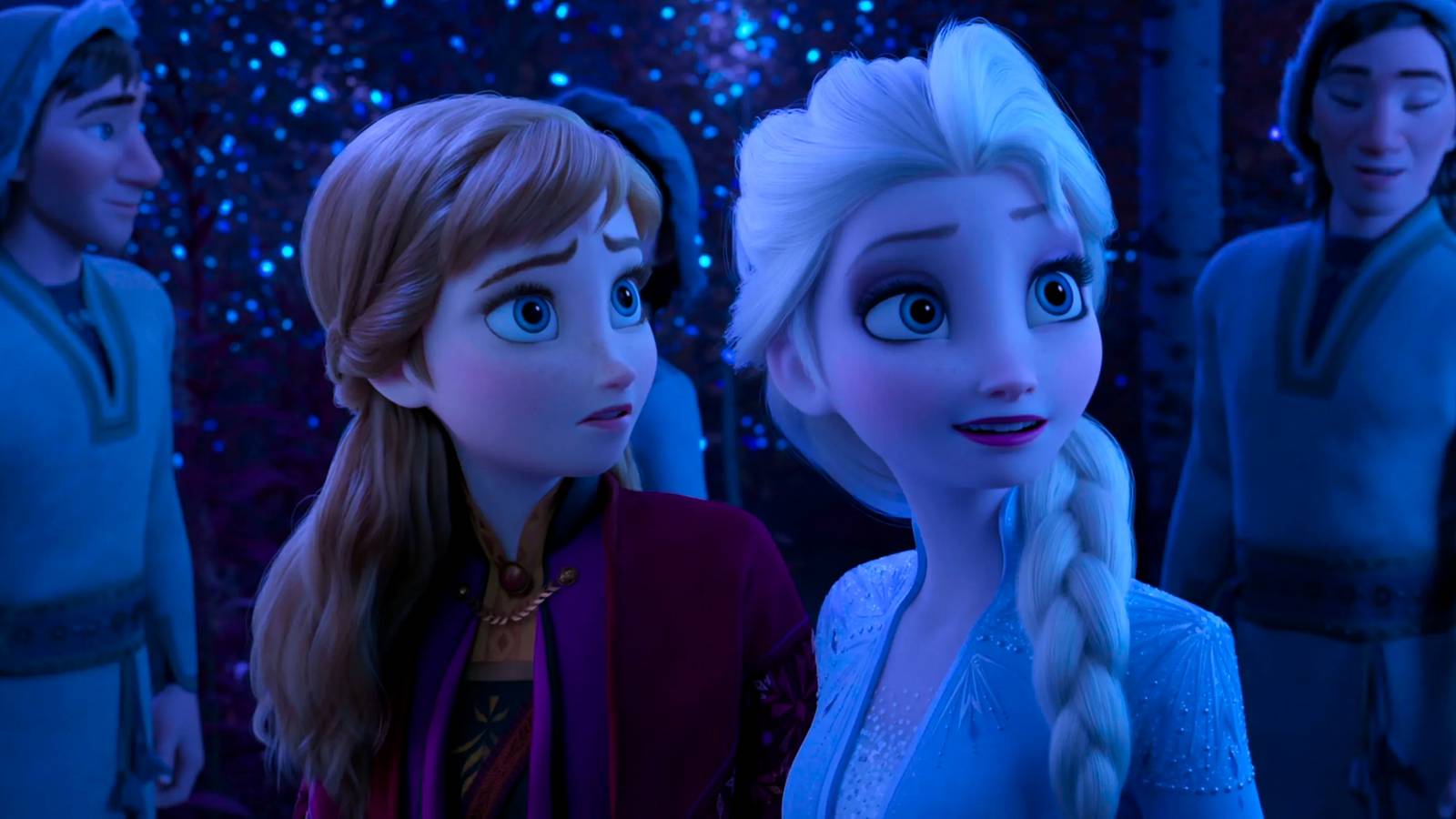 Elsa and Anna looking off-screen in Frozen 2