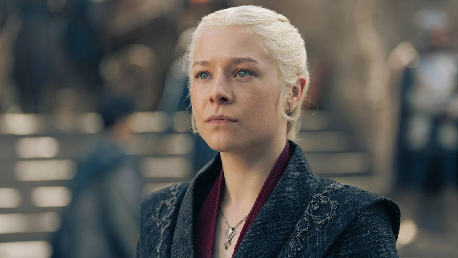 Emma D'arcy as Rhaenyra looking up in House of the Dragon season 2