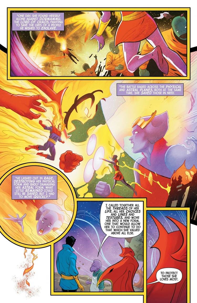 Enitharmon tells Doctor Strange the history of his daughter Dahlea's transformation into the Cloak of Levitation