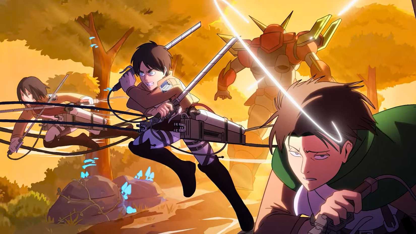 Eren, Mikasa, and Levi as seen in Attack on Brawlhalla Crossover Event Trailer