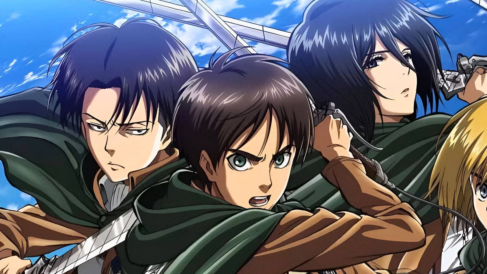Eren, Mikasa, and Levi as seen in Attack on Titan 