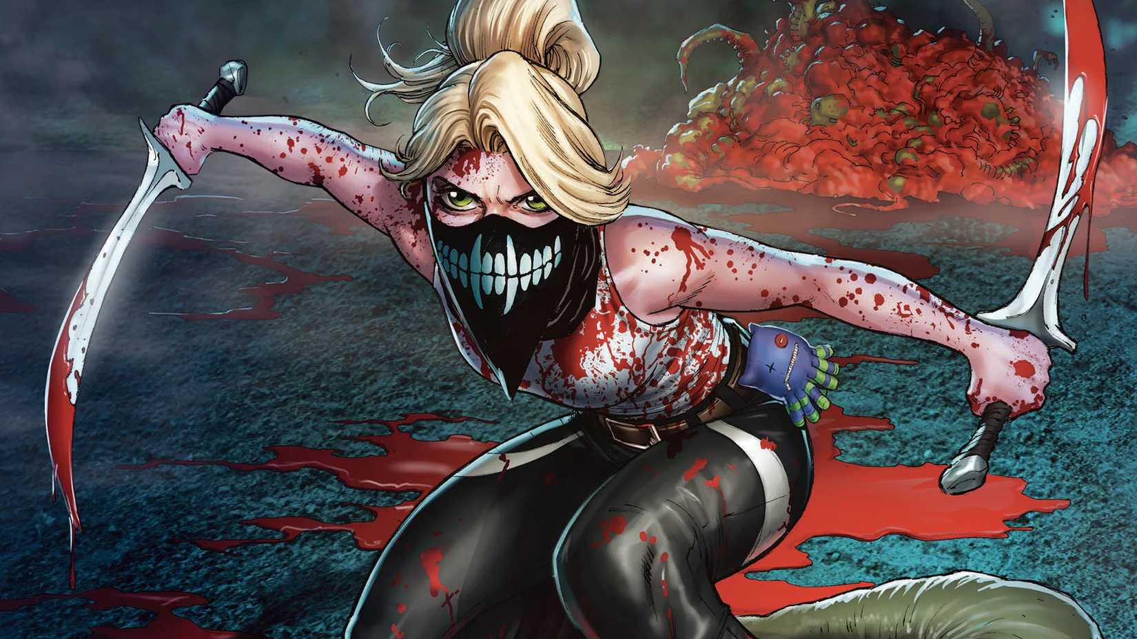 Erica is covered in blood while holding swords in Something Is Killing The Children
