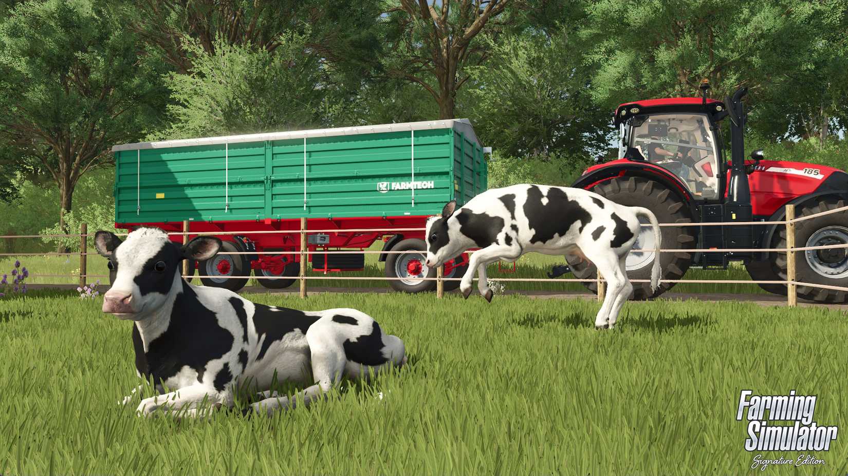 Farming Simulator cows by a truck in a field