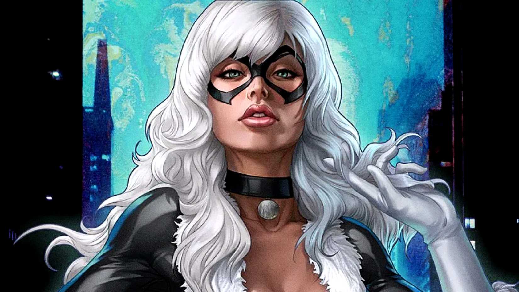 Felicia Hardy plays with her hair in an alley in Black Cat comic cover
