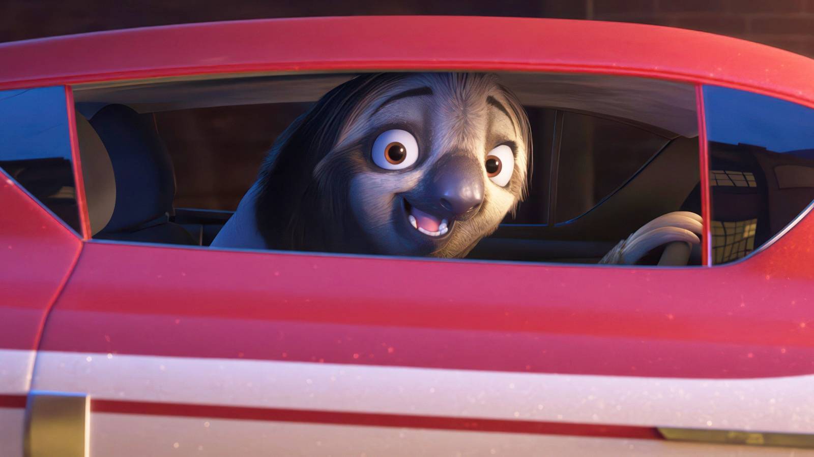 Flash Slothmore driving a car in Zootopia 2