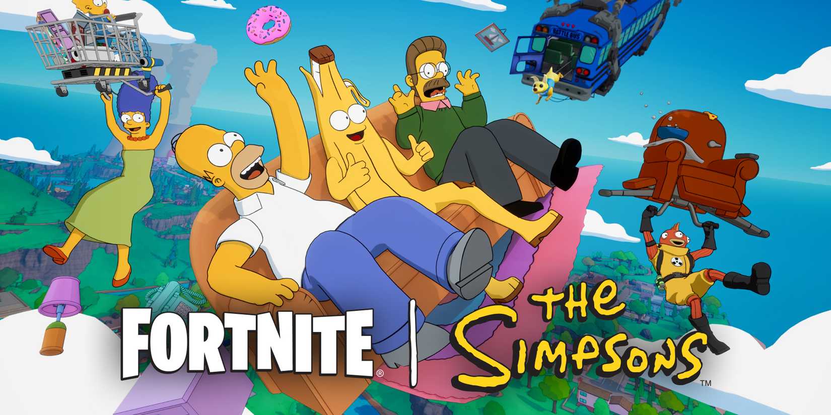 Simpsons characters on a flying couch in Fortnite