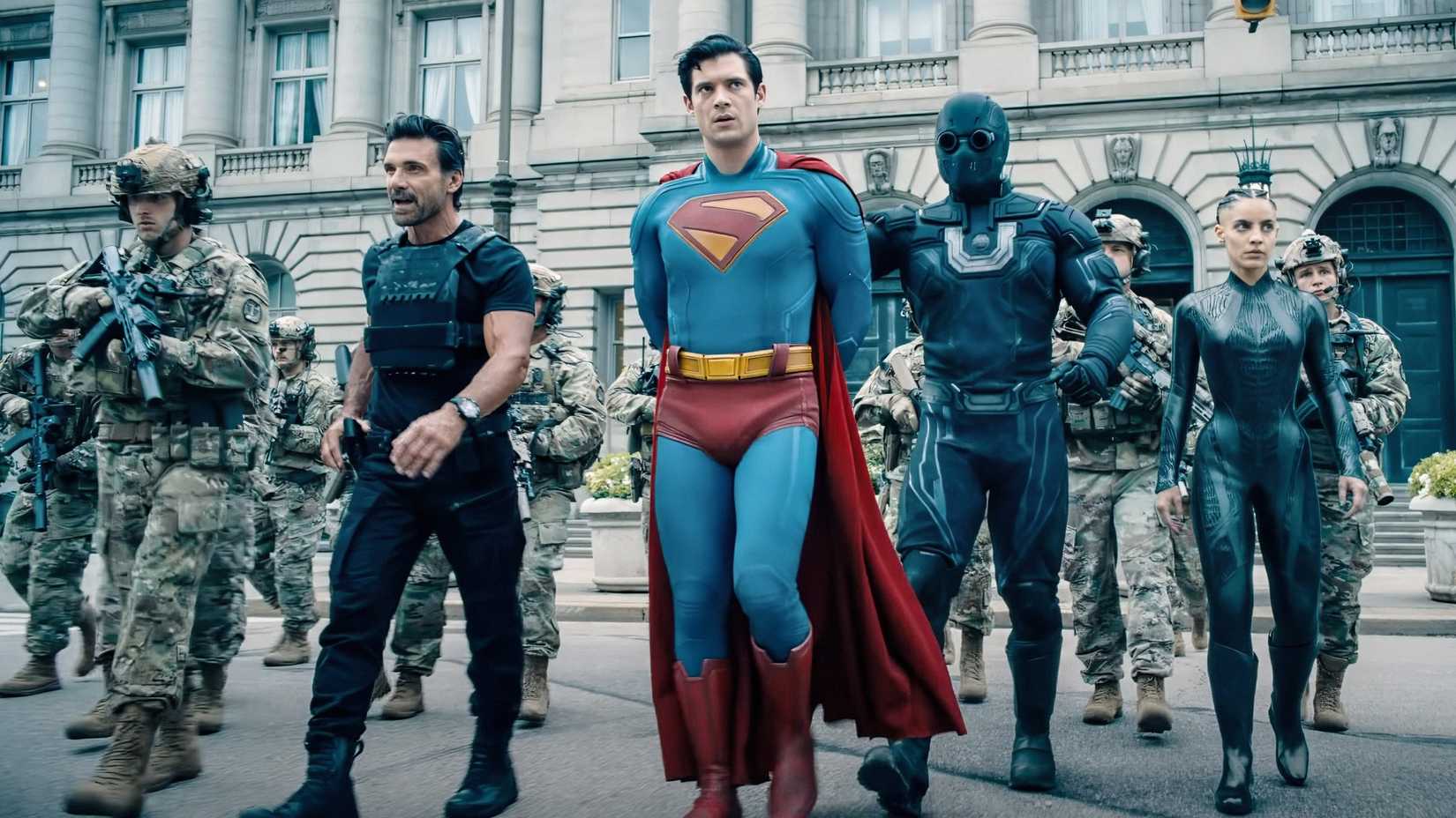 frank grillo as rick flag sr arresting david corenswet as superman in superman