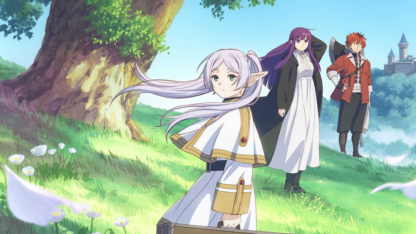 Frieren, Fern, and Stark standing in the forest in Frieren: Beyond Journey's End.