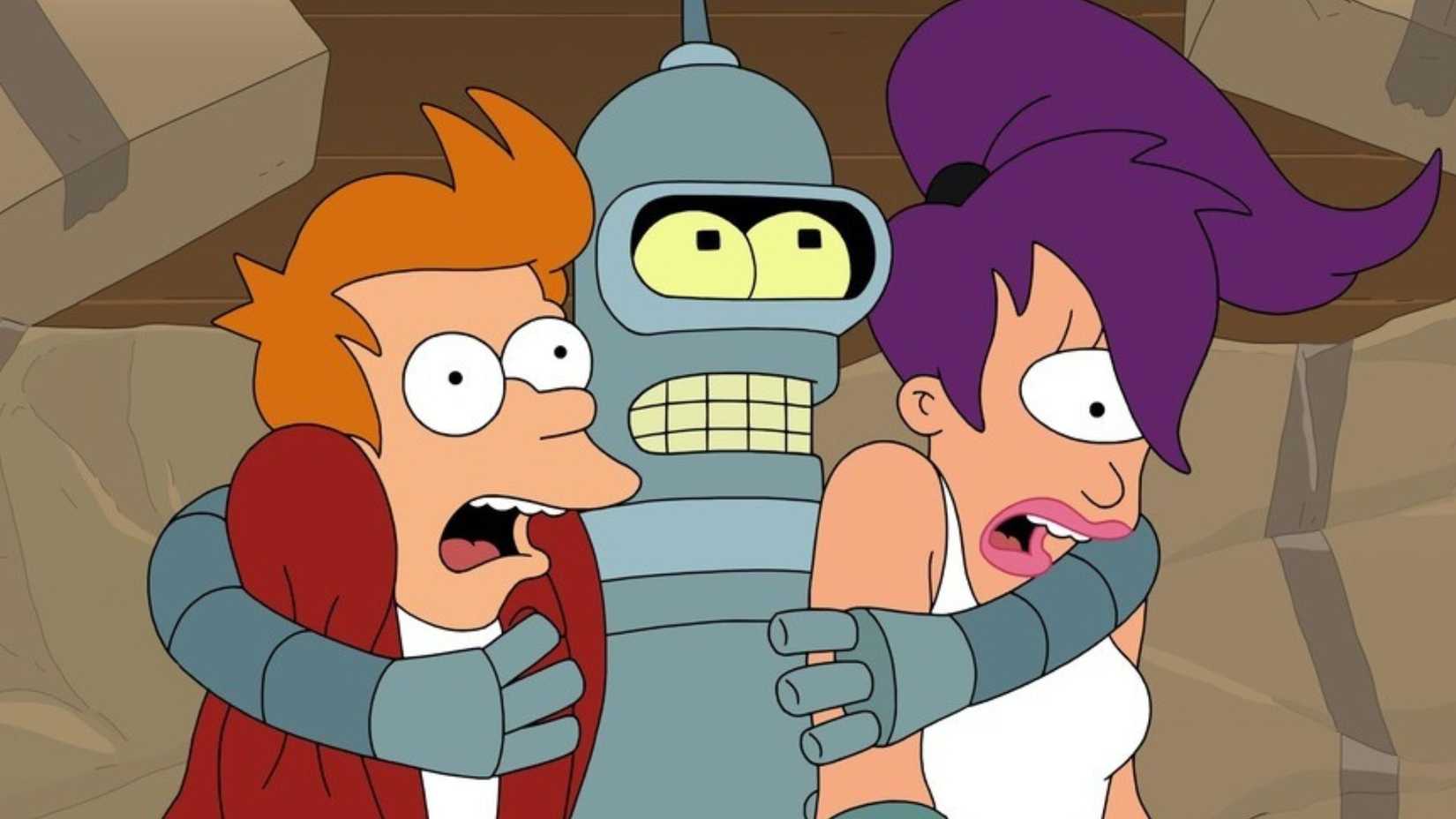 Fry, Bender e Lila em Futurama.