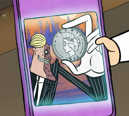 Two-Face in a phone holding a coin in Bat-Fam