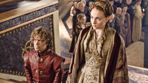 Sophie Turner as Sansa Stark and Peter Dinklage as Tyrion Lannister in Game of Thrones