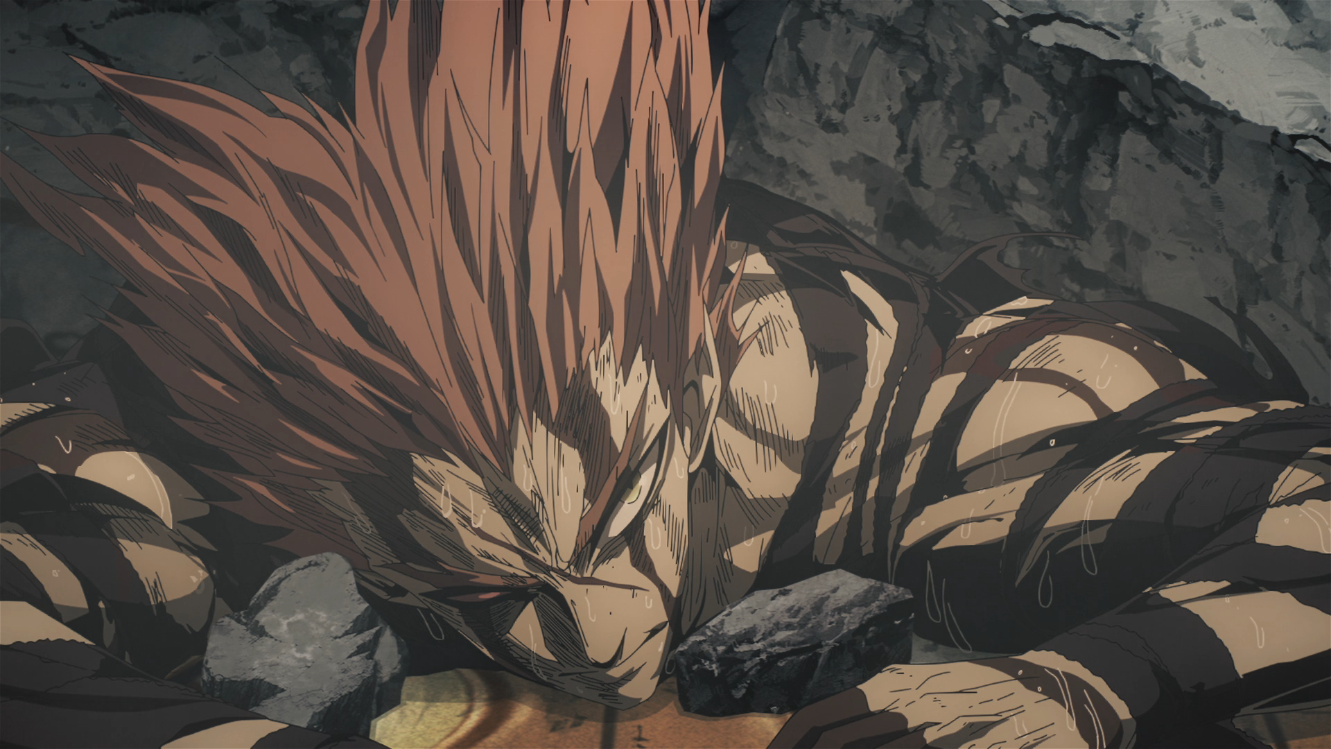 Garou seduto sulle macerie in One Punch Man stagione 3 episodio 5