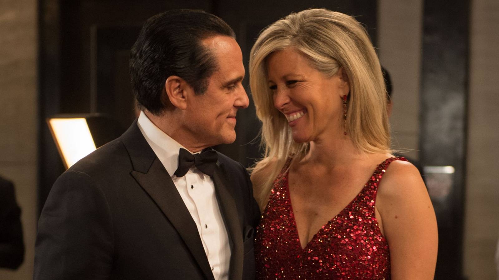 General Hospital's Maurice Benard (Sonny Corinthos) and Laura Wright (Carly Spencer) Looking Into Each Other's Faces and Smiling