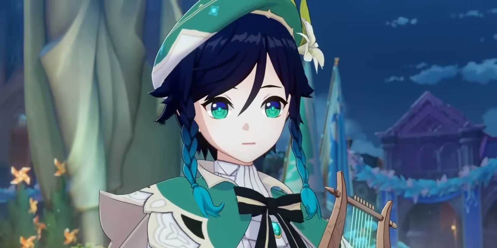 Venti holds his lyre in Mondstadt in Genshin Impact.