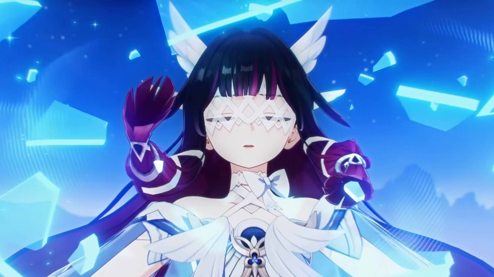 Blue glass breaks behind Columbina in Genshin Impact.