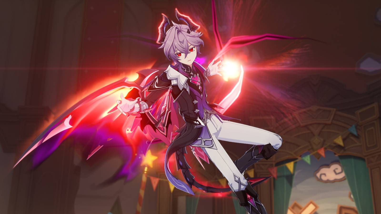 Durin readies an attack with fire as he flies with his dragon wings in Genshin Impact.