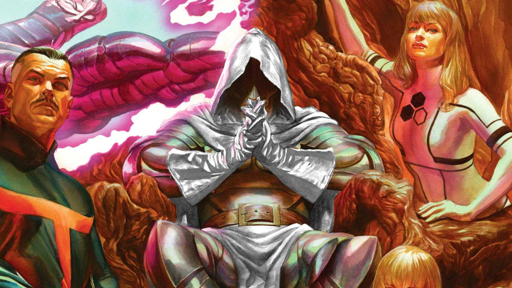 God Emperor Doom sits on his throne guarded by Doctor Strange and Sue Storm in 2015's Secret Wars