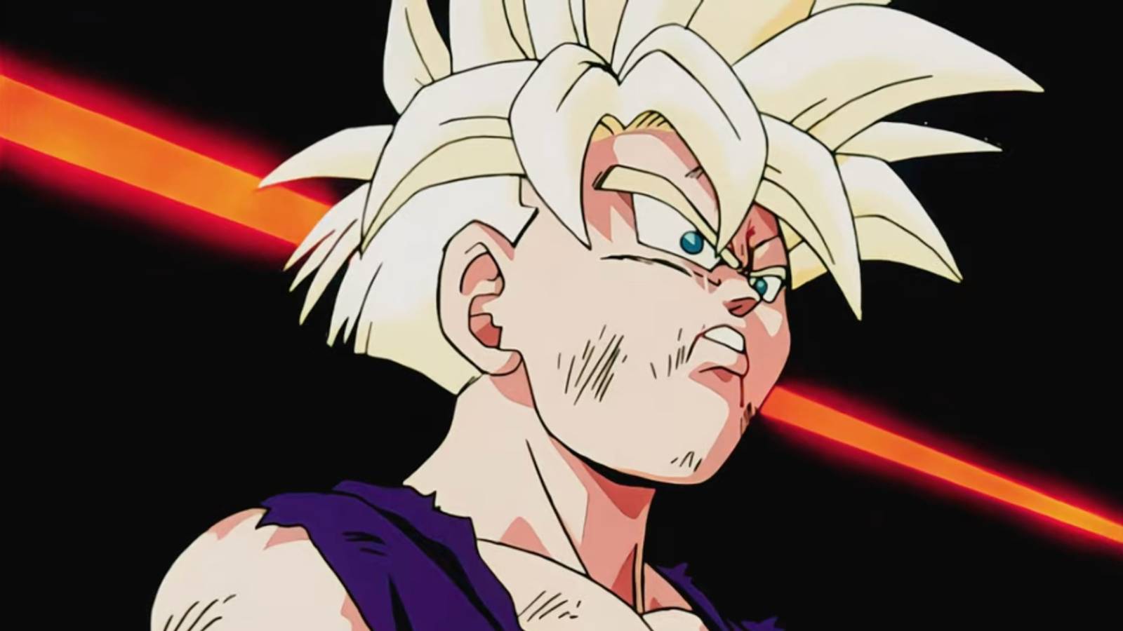 Gohan with a red line in the background during his transformation into Super Saiyan 2 in Dragon Ball Z.