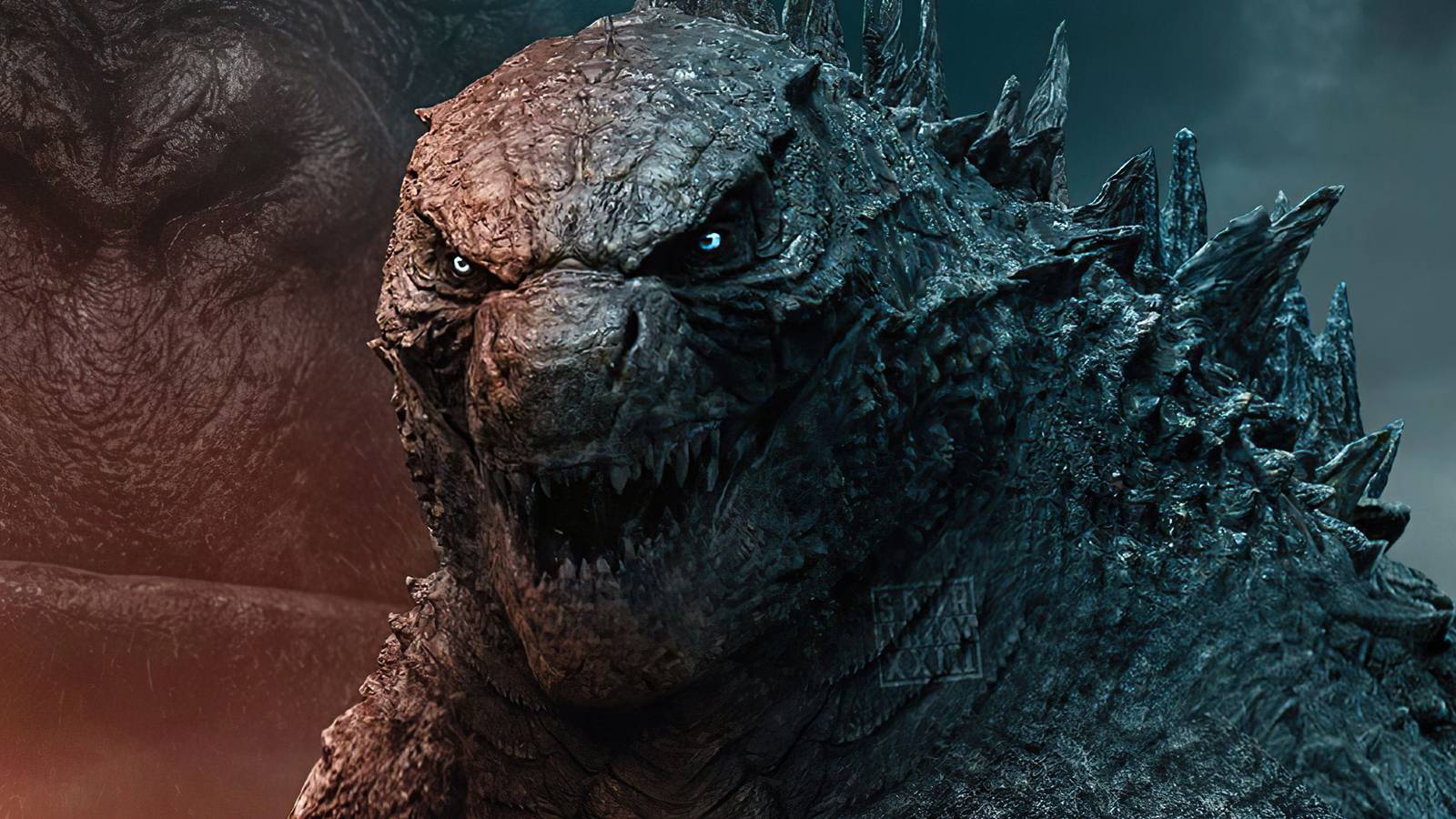 Gojira smiles in front of Kong's face at night in Godzilla vs Kong The New Empire poster