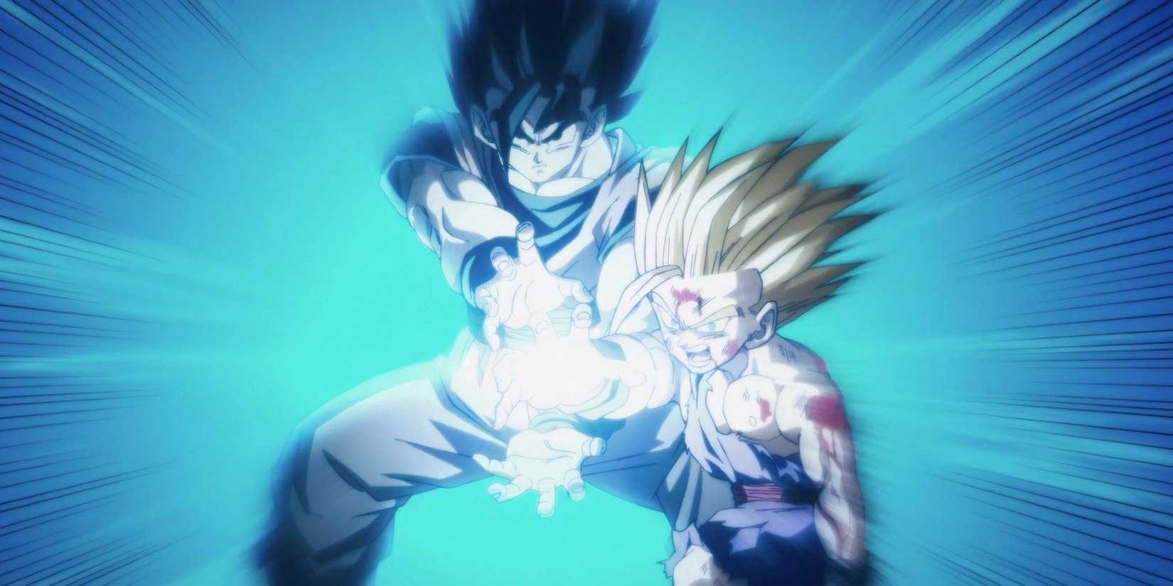 goku and gohan doing a joint kamehameha