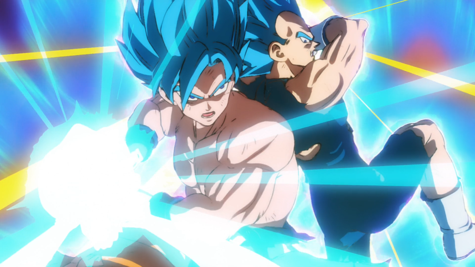 Super Saiyan Blue Goku and Vegeta preparing their ki blasts in Dragon Ball Super: Broly