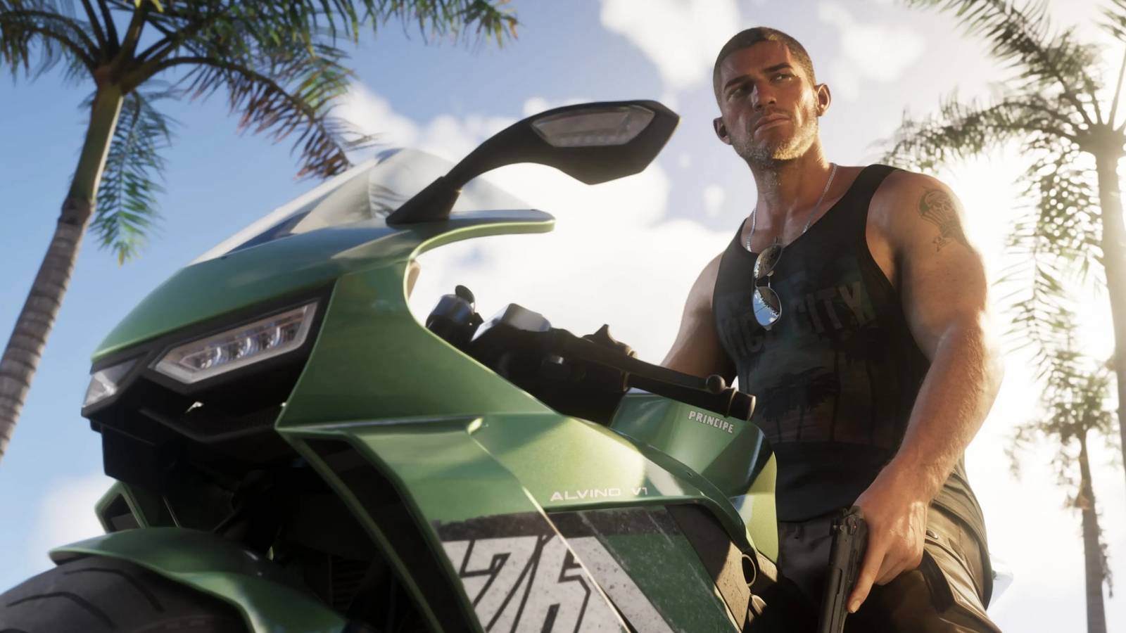 Jason Duval holds a firearm while sitting on his green motorcycle under palm trees in GTA 6.