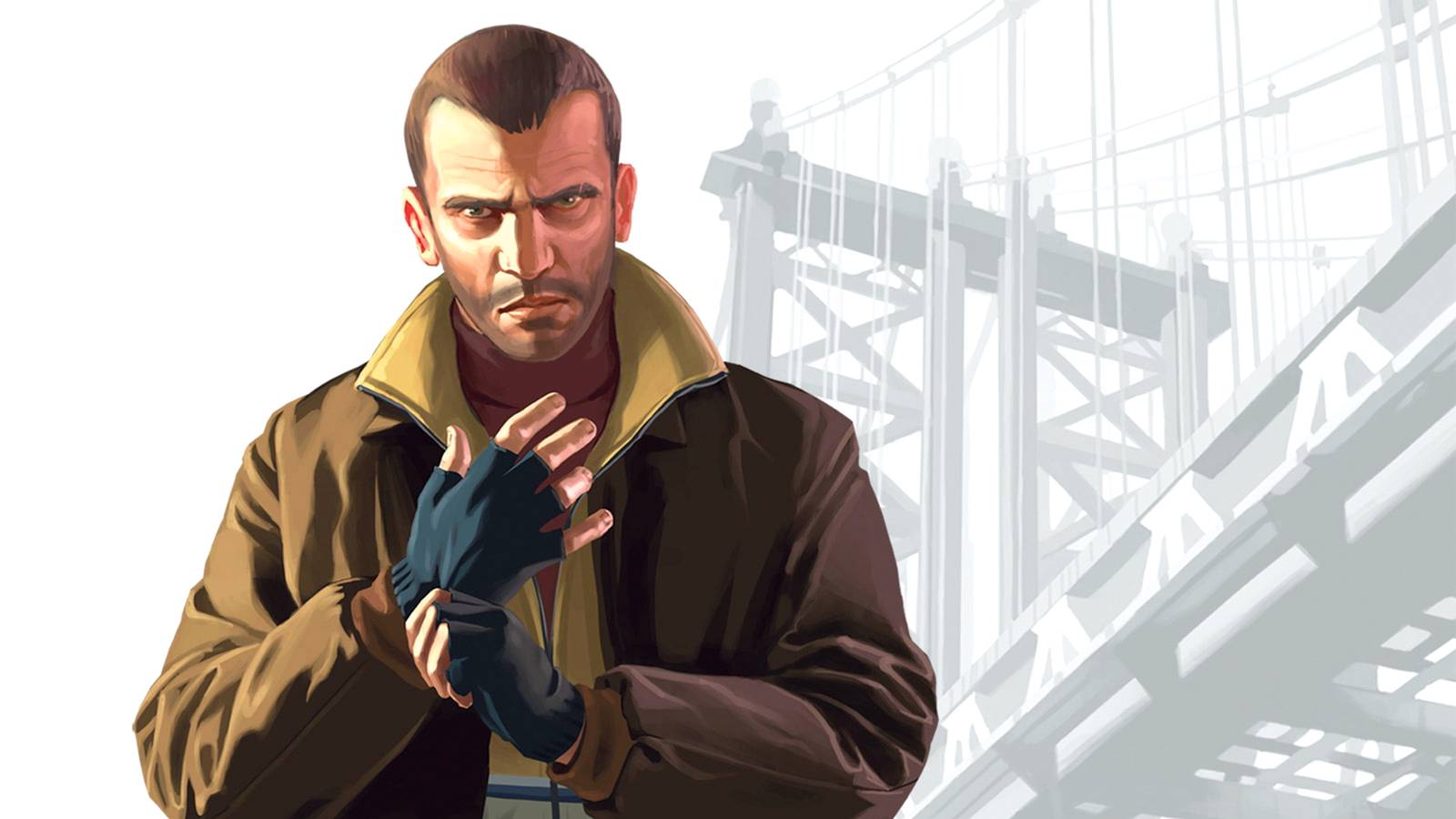GTA 4 star Nico standing in front of a bridge