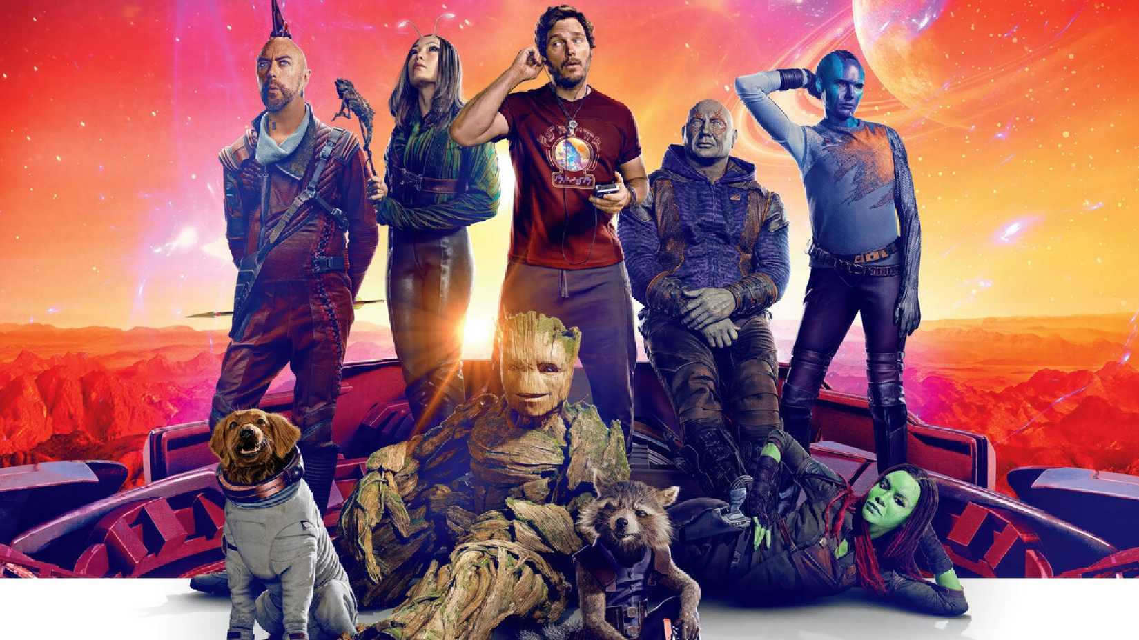 guardians of the Galaxy Vol. 3 image showing star-lord and the rest of his mcu crew